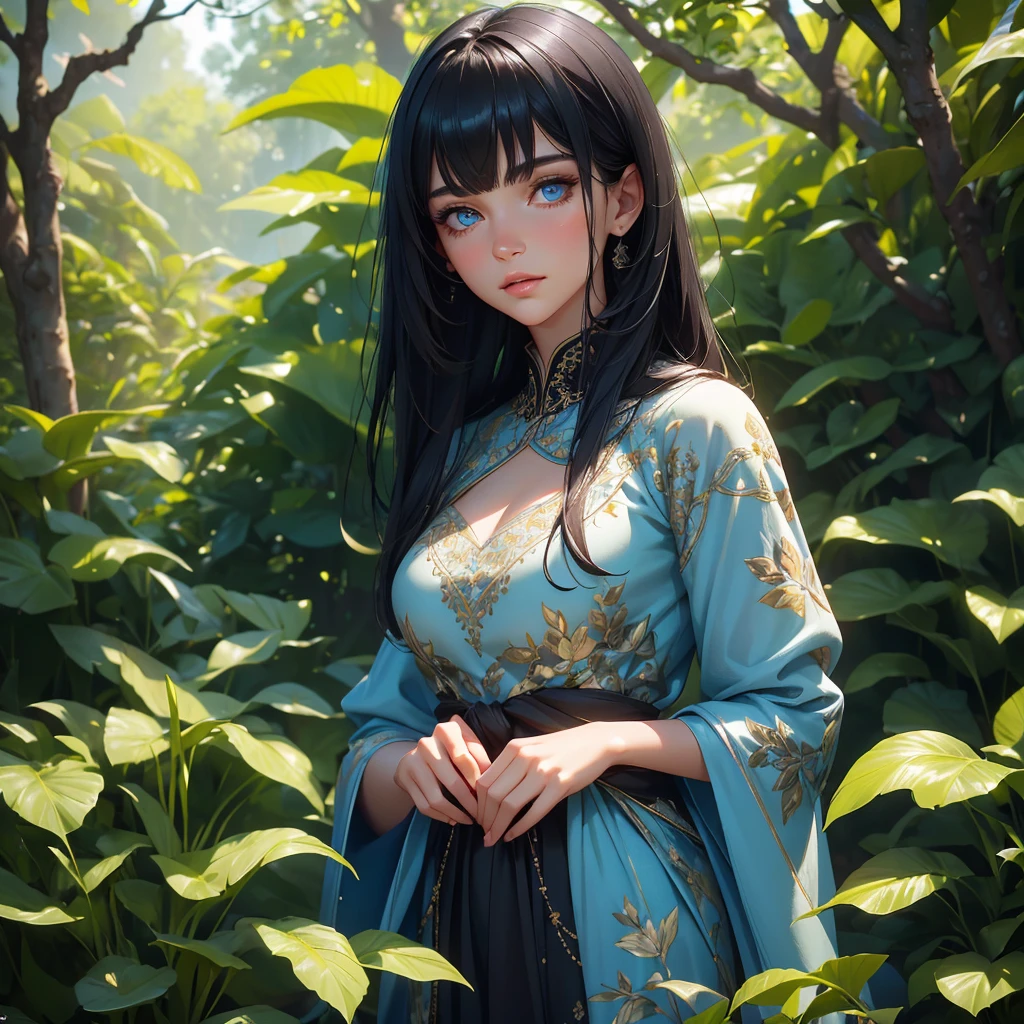a beautiful young woman, detailed blue eyes, medium length black hair with bangs, highly detailed facial features, detailed skin texture, elegant dress, standing in a lush garden, sunlight filtering through the trees, intricate floral patterns, warm color palette, photorealistic, cinematic lighting, masterpiece, 8K, hyper-realistic