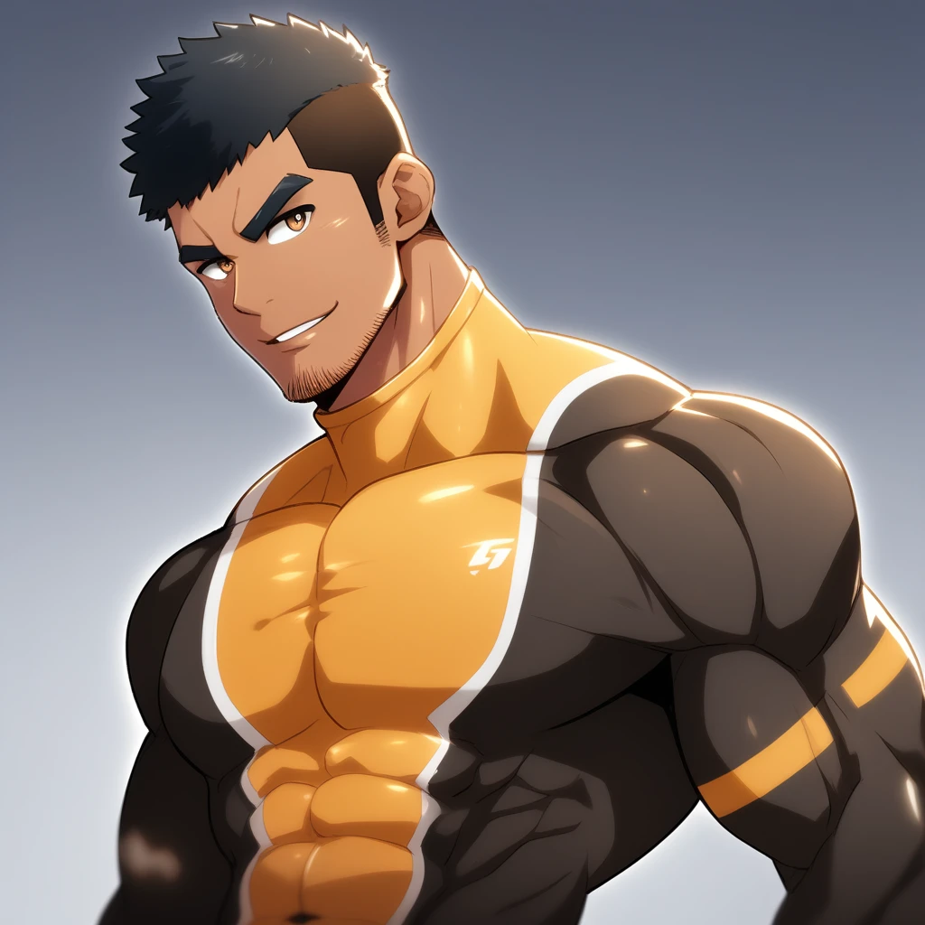 anime characters:Gyee, Muscle Sports Student, negro black skin, 1 dark skin muscular tough guy, Manliness, male focus, Brown long-sleeved high-neck fitness tights, Very tight, Round, full and perky chest muscles, Perfect waist line, Slightly transparent, muscular male, muscular, only, Upper body, alone, Black short hair, Thick eyebrows, stubble, Brown eyes, Grey background, simple background, amazing quality, best aesthetics, Ridiculous, bright pupils, crew cut, parted lips, seductive smile, torogao, naughty face, best quality
