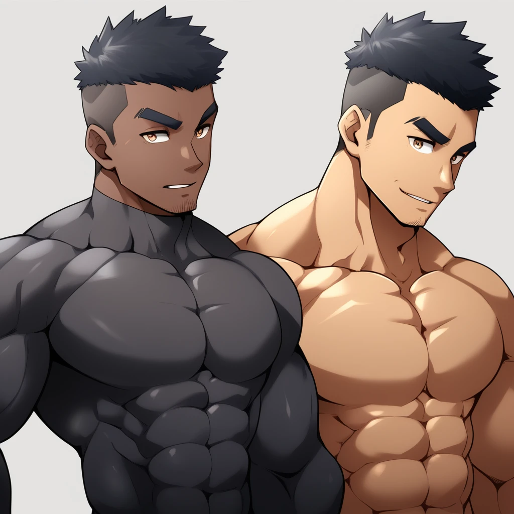 anime characters:Gyee, Muscle Sports Student, negro black skin, 1 dark skin muscular tough guy, Manliness, male focus, Brown long-sleeved high-neck fitness tights, Very tight, Round, full and perky chest muscles, Perfect waist line, Slightly transparent, muscular male, muscular, only, Upper body, alone, Black short hair, Thick eyebrows, stubble, Brown eyes, Grey background, simple background, amazing quality, best aesthetics, Ridiculous, bright pupils, crew cut, parted lips, seductive smile, torogao, naughty face, best quality