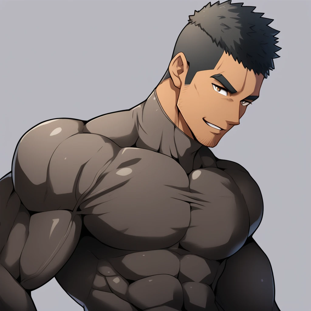 anime characters:Gyee, Muscle Sports Student, negro black skin, 1 dark skin muscular tough guy, Manliness, male focus, Brown long-sleeved high-neck fitness tights, Very tight, Round, full and perky chest muscles, Perfect waist line, Slightly transparent, muscular male, muscular, only, Upper body, alone, Black short hair, Thick eyebrows, stubble, Brown eyes, Grey background, simple background, amazing quality, best aesthetics, Ridiculous, bright pupils, crew cut, parted lips, seductive smile, torogao, naughty face, best quality