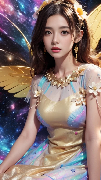 lifu, lifu,strapless dress, ((Large breasts)),Bare shoulders, short hemlines, 4k ultra hd, masterpiece, a girl, good face, detailed eyes, detailed lips, flower fairy girl, neon lights, (galaxy background:1.5), in the heaven, sitting on the unicon