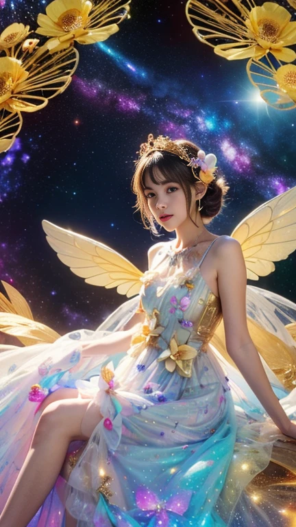 4k ultra hd, masterpiece, a girl, good face, detailed eyes, detailed lips, flower fairy girl, big wings, transparent wings, neon lights, (galaxy background:1.5), (flower dress:1.8), (golden dress:1.5), in the heaven, sitting,