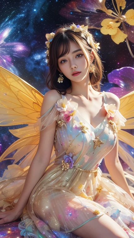 4k ultra hd, masterpiece, a girl, good face, detailed eyes, detailed lips, flower fairy girl, big wings, transparent wings, neon lights, (galaxy background:1.5), (flower dress:1.8), (golden dress:1.5), in the heaven, sitting,