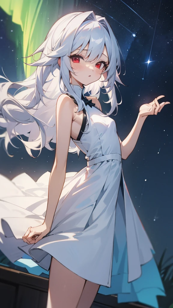 (masterpiece:1.3), (best quality:1.1), (8k, ultra detailed, ultra high res:1.2), ((anime style)), perfect 5 fingers, perfect anatomy, 
1girl,
small breasts,
BREAK long hair, wavy hair, white hair, red eyes, BREAK dress, (white dress:1.5), 
looking at viewer, 
BREAK cowboy shot, BREAK (detailed background:1.1), outdoor, aurora, at night, Starry Night Sky with Shooting Stars, 