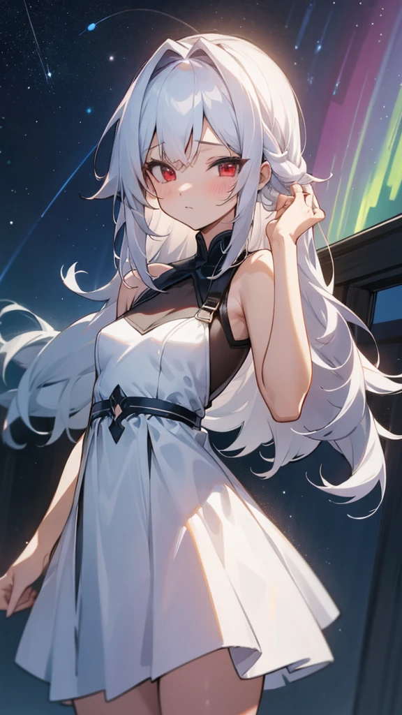 (masterpiece:1.3), (best quality:1.1), (8k, ultra detailed, ultra high res:1.2), ((anime style)), perfect 5 fingers, perfect anatomy,
1girl,
small breasts,
BREAK long hair, wavy hair, white hair, red eyes, BREAK dress, (white dress:1.5),
looking at viewer,
BREAK cowboy shot, BREAK (detailed background:1.1), outdoor, aurora, at night, Starry Night Sky with Shooting Stars,