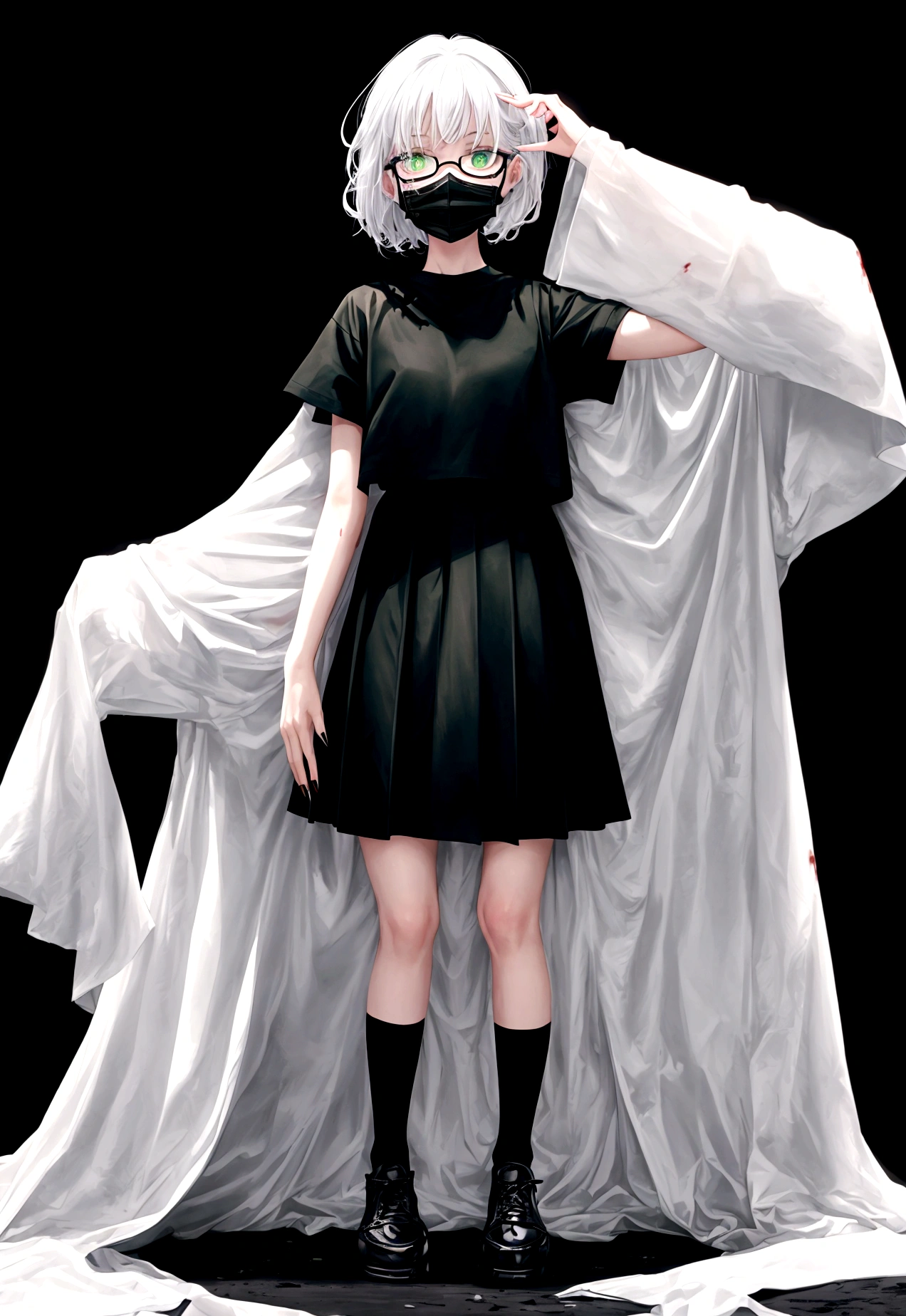 1girl, looking away, glowing eyes, green eyes, hand on own cheek, black t-shirt, black skirt, black socks, white and black shoes, dark and blue background, small hair, white hair, medium , full body, head phone, sharp fingernails, read fingernails, scary, mouth mask, wearing glasses, dark mirror, white full mon, blood on the ground, scary, 