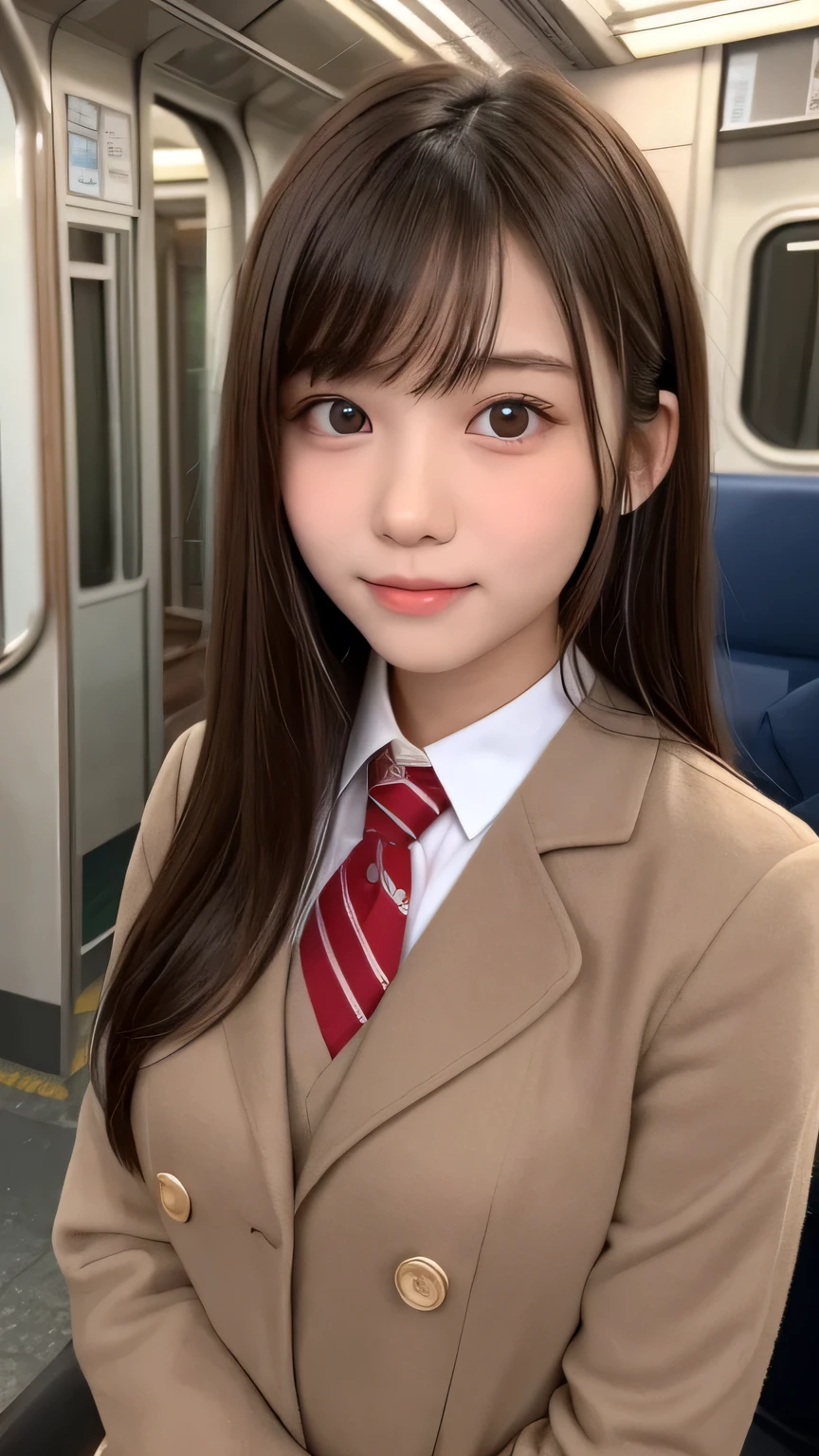 masterpiece, Best Quality, One girl, (a beauty girl, delicate girl:1.3), (15 years old:1.3), Very fine eye definition, (Symmetrical eyes:1.3), (inside train:1.2), (winter school uniform:1.3), small breasts, Brown eyes, Parted bangs, Brown hair, petit girl, (eyes and faces with detailed:1.0), (upper teeth, best smile:0.2)