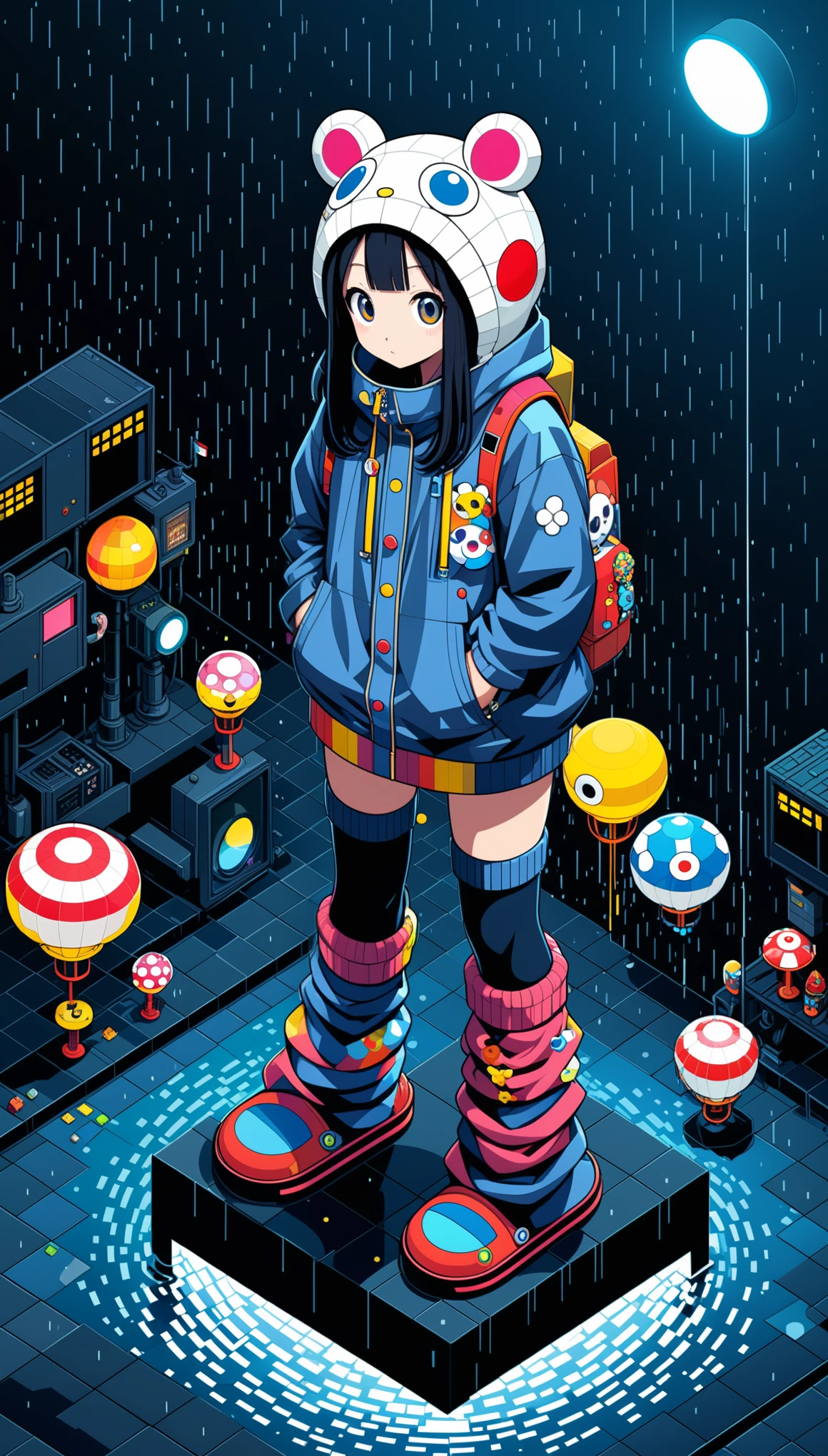 (Isometric Perspective style:1.5),in style of Takashi Murakami, character concept design, legs,fullbdoy shot,(((oversize leg warmers))),wide angle, form below,oversize clothes,leaning forward,sit on the edge of the tank
(((pixel style))),night,point light,dark,shadow,rain,