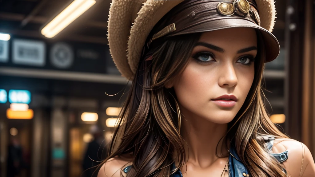 1girl, aviator hat, solo, steampunk, train station, steam, smoke, (best quality,4k,8k,highres,masterpiece:1.2),ultra-detailed,(realistic,photorealistic,photo-realistic:1.37),studio lighting,ultra-fine painting,sharp focus,physically-based rendering,extreme detail description,professional,vivid colors,bokeh,dramatic lighting,cinematic composition