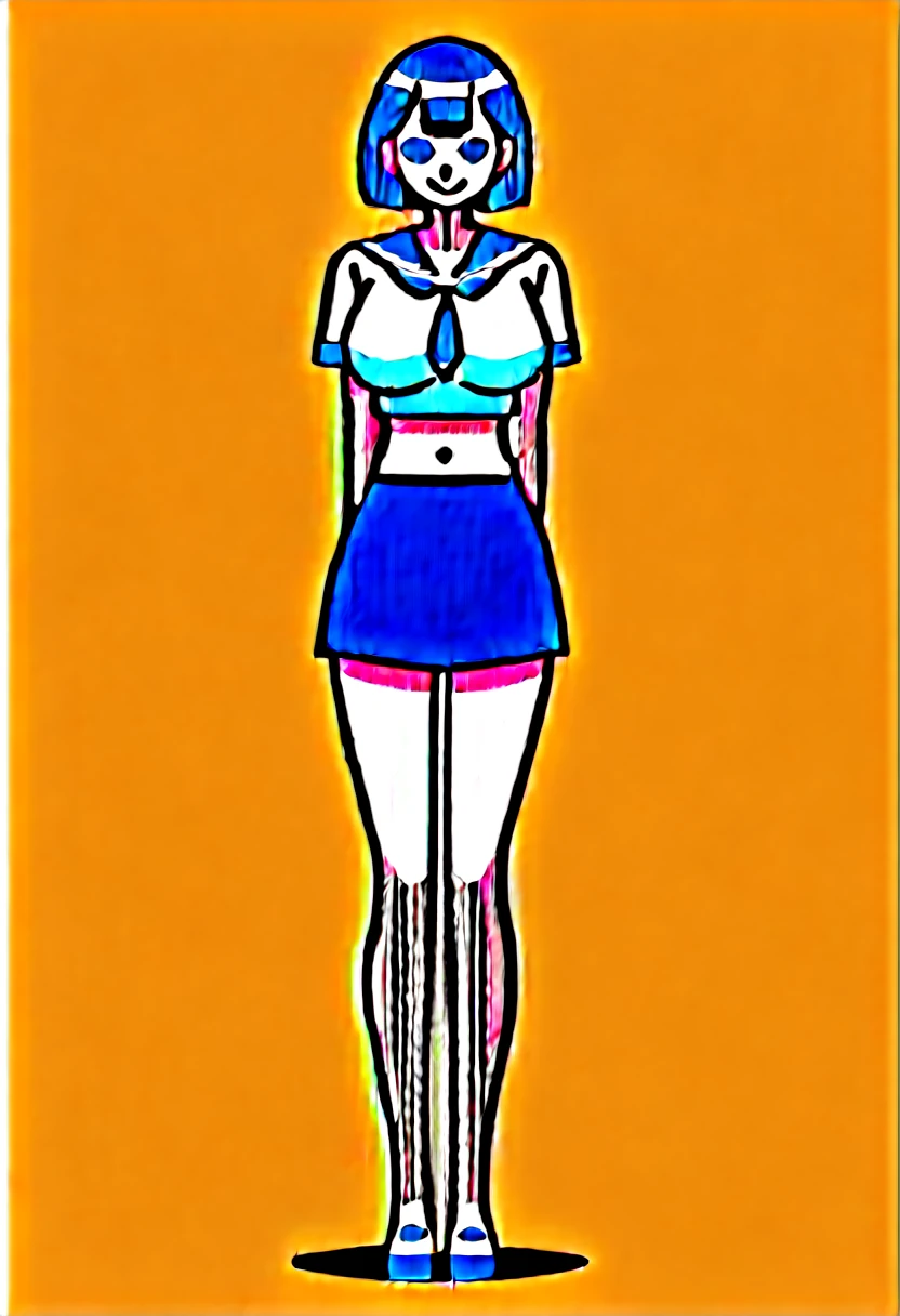 (masterpiece, best quality:1.2), front shot, beautiful thin 1girl, (super big breasts, micro waist, very long legs:1.5), Black hair, short bob hair, (Extremely skinny), short height, Light Skin, cute big eyes, cute beautiful thin face, forced smile, serafuku, mini skirt, Arched back, pigeon-toed, Embarrassing pose, Long and thin navel, (beautiful visible ribs), wet and sweaty, Trembling