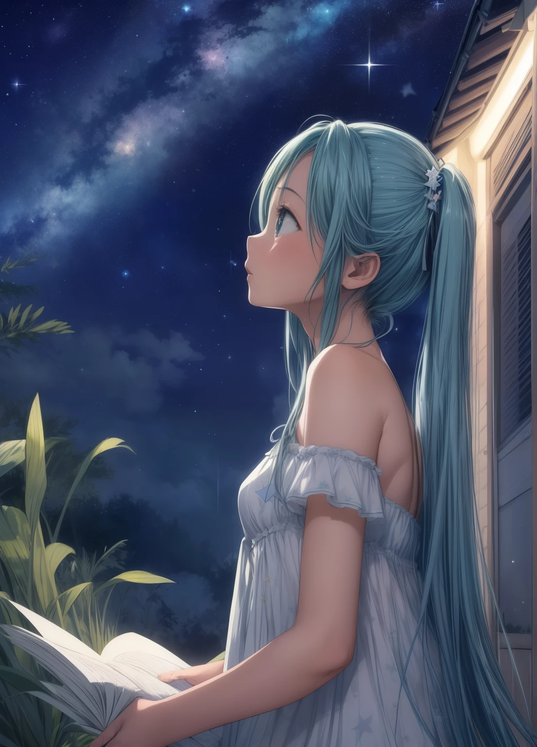 (masterpiece、Highest quality、Highest quality、Official Art、Beautiful and beautiful:1.2)、(One girl:1.3)Hatsune Miku、Twin tails,Beautiful breasts,Starry Sky、milky way、Tanabata、Orihime、Altair、Deneb、altair、Vega、Summer Great Triangle、Looking up at the night sky、grassland、shooting star、Bamboo leaf、Wish on a strip of paper、Night sky full of sky、Front angle