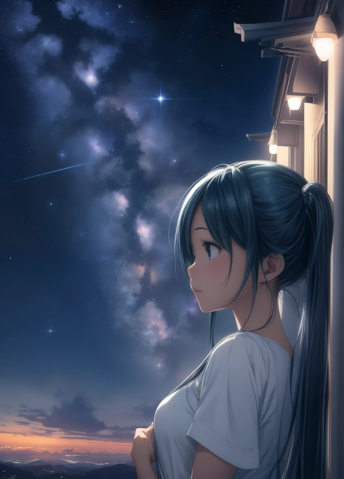 (masterpiece、Highest quality、Highest quality、Official Art、Beautiful and beautiful:1.2)、(One girl:1.3)Hatsune Miku、Twin tails,Beautiful breasts,Starry Sky、milky way、Tanabata、Orihime、Altair、Deneb、altair、Vega、Summer Great Triangle、Looking up at the night sky、grassland、shooting star、Bamboo leaf、Wish on a strip of paper、Night sky full of sky、Front angle