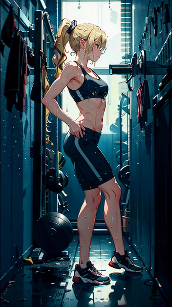 Blond girl, long hair, doing push ups in dark room, ponytail, gym clothes, y, wet body, slim body, normal size breats, view from side on scene