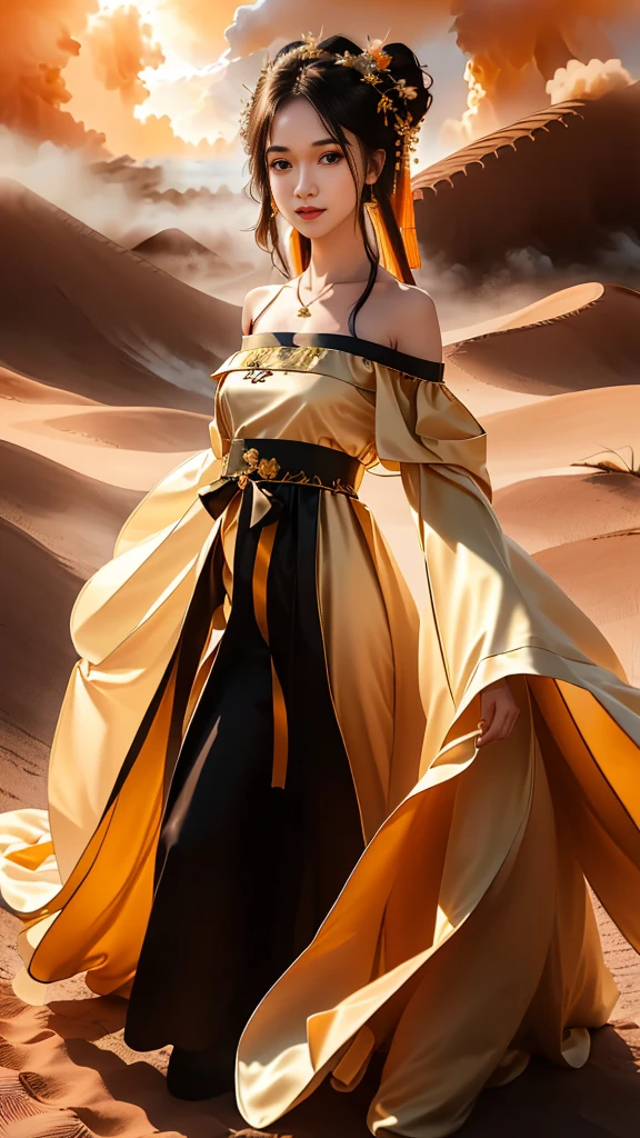 Girl in traditional Chinese clothing, Hanfu, Guzhen Hanfu women, White Hanfu,(long straight black hair:1.5), black eyes, black bun hairstyle, hair accessories ,gold long earrings, , Dia Necklace, Clear eyes, Facing forward,put on makeup, Long eyelashes ,(black long shoulder coat:1.8), (Very long skirt, black:1.5), ((Whole body covering)), Clear face, hair accessoriesจำนวนมาก , (Very beautiful face, Beautiful mouth, beautiful eyes), detailed face, ((Ultra-fine skin)), In the dark, deep shadows, an ancient Chinese girl (Very slim figure 1.3) ,Plump breasts, elegant posture , There is a red flower spot on the forehead. , pointing at the camera, (desert storm:1.9),(nighttime:1.2) , There is a beam of light, the belly coming out of the body.