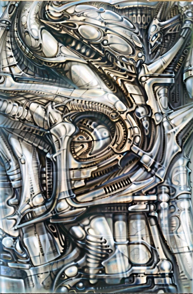 g1g3r, The image is a detailed view of H.R. Giger's \" Biomechanical Landscape No 312 \" plate, featuring a complex network of bones and organs in a purple-brown hue ,swirling gray and brown colors. The artwork is silver and purplish brown, with an ivory bones prominently displayed. The image is highly detailed and intricate, almost like a 3d version of a medical diagram (detailed view of an anatomy model, possibly of a human body, with transparent organs and bones exposed). The piece has a thick mechano-organic texture and is covered in fine details. The image has a swirling, organic quality to it. The artistic manner would be unmistakably Gigeresque. A dark and unsettling beauty would permeate the piece, blurring the lines between fascination and repulsion , forever haunted by the grotesque allure. Giger's signature artistic manner would be evident in every stroke. The airbrush would be wielded with masterful precision to create a hyperrealistic yet nightmarish aesthetic.
 The texture of ivory with signs of burning and fossilization can be seen in the mix of smooth and rough brushstrokes. By Peter mohrbacher, ooze soaked pajama top
