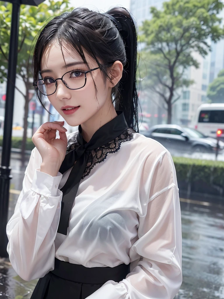 ((best quality, 8K, masterpiece: 1.3)),upper body,Thick black-rimmed glasses,Black Hair, black eye,sharp focus: 1.2, beautiful woman: 1.4, ((ponytail: 1.2)),(Silk darkmagenta long skirt、White long sleeve blouse with lace), (wet from rain: 1.3), (rain, street: 1.2), wet body: 1.2, Highly detailed face and skin texture, detailed eyes, double eyelids, White skin,E cup,smile,Financial district of the big city,Skyscraper,White skin,Wet Hair、Wet Skin、Wet clothes、smile、 