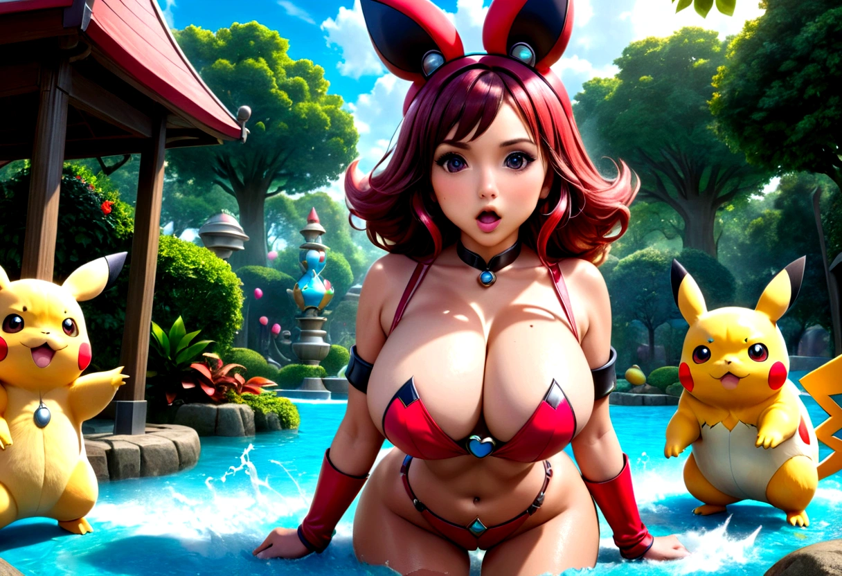 a gorgeous woman, mega busty, colorful bikini, enormous breasts, enormous breasts, enormous breasts, washing sports car, lewd pose, soapy water, photorealistic, 8k, hyperdetailed, vibrant colors, dynamic lighting, cinematic composition, glamour, sensual, erotic art (subject 1:cute woman pokemon trainer) determined look, has tossed a pokeball which releases (subject 2: woman, hourglass figure, large breasts , in pokemon boots and ears, confused and embarrassed, attempting to hand bra) crowded park in daytime, several horny pokemon with large engorged penis gather to sex subject 2. (best quality,4k,8k,highres,masterpiece:1.2),ultra-detailed,(realistic,photorealistic,photo-realistic:1.37),8k, hyperrealistic, extremely detailed, highly detailed, intricate details, soft lighting, vibrant colors, warm palette, dynamic composition, cinematic lighting, depth of field, stunning visuals, striking pose, photorealistic, professional quality, digital art, 3D render, concept art, fantasy, magical realism, whimsical, playful, humorous, (Title "MILFACHU I CHOOSE YOU! USE PUSSY POWER ATTACK!")
