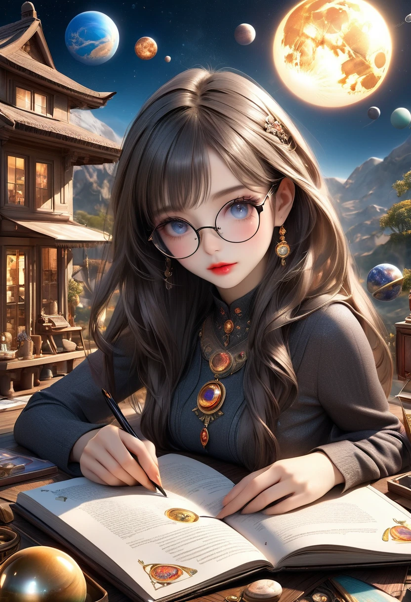a beautiful cute girl, fortune telling, beautiful detailed eyes, long eyelashes, beautiful detailed lips, an astrologer, astrology book, shady fortune-telling house, sun, moon, planets, horoscope, (best quality,4k,8k,highres,masterpiece:1.2),ultra-detailed,(realistic,photorealistic,photo-realistic:1.37), glasses, mysterious atmosphere, mysterious clothes