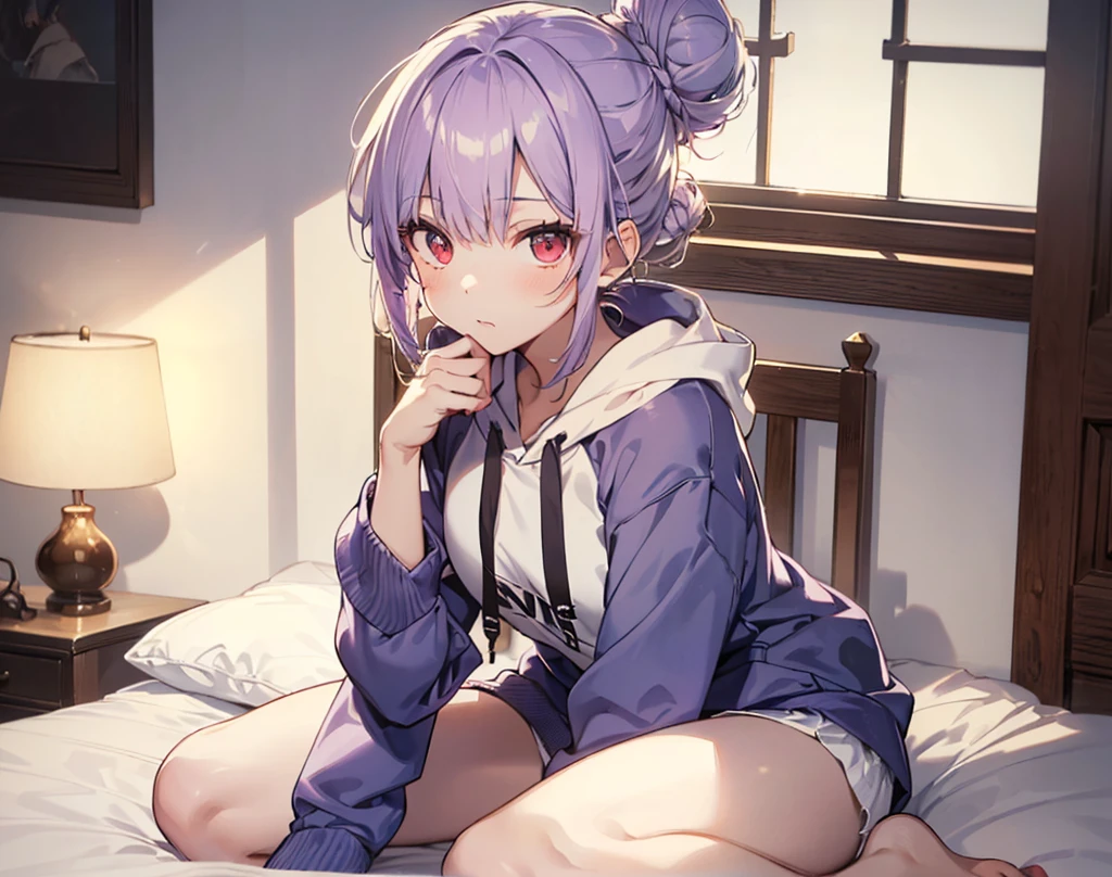 (Close-up:1.3),Realistic,Highest quality, Super detailed, High-quality CG rendering, The most delicate and beautiful, Floating softly, High resolution, (1 girl), (Highest quality,4K,8K,masterpiece:1.2 Light purple hair,(Hair in a bun:1.5),Red eyes,(Pure white oversized long sleeve hoodie:1.3),Small room,bed,(bedに座っている:1.4)