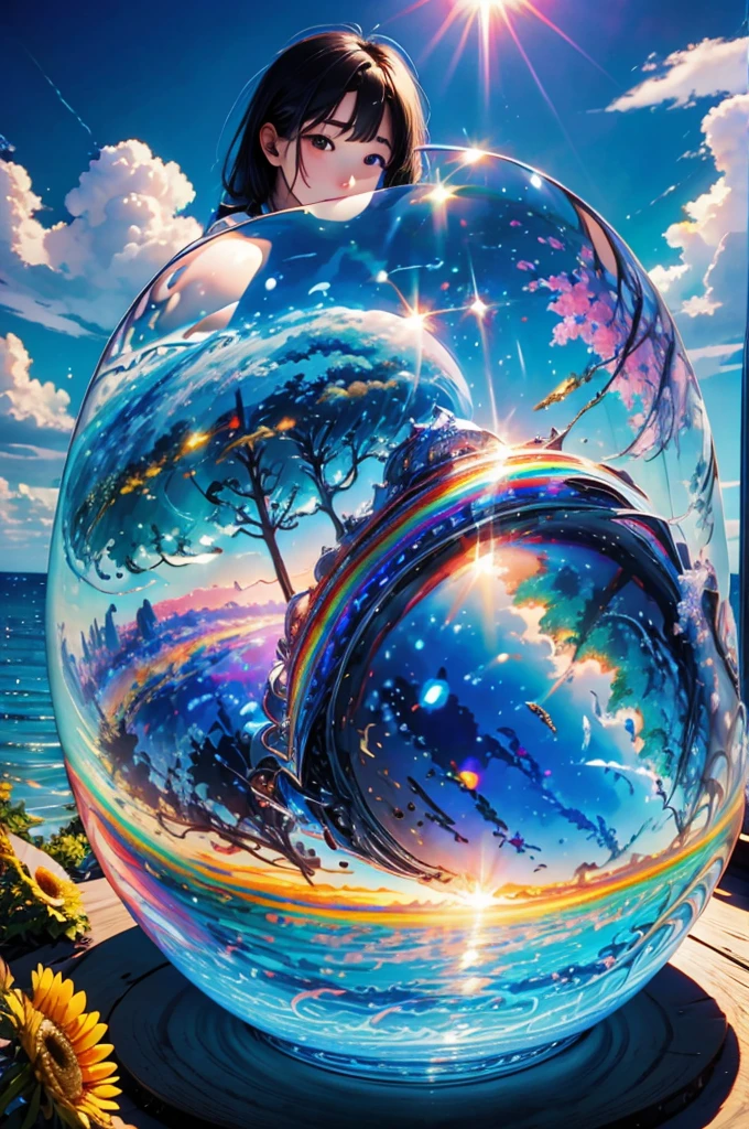 (Highest quality), (8K), (Highest quality), (live-action), (Realistic photos), summer、summerを感じる物、summerを感じる風景, blue sky, Rainbow and sunshine shining.16K, Ultra-high resolution, Shining in rainbow colors、to be born,wonderful ,future、Iridescent、The world 30 years from now。