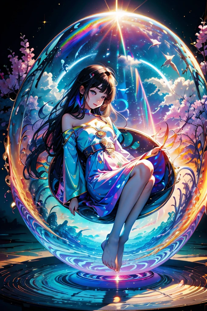 (Highest quality), (8K), (Highest quality), (live-action), (Realistic photos), summer、summerを感じる物、summerを感じる風景, blue sky, Rainbow and sunshine shining.16K, Ultra-high resolution, Shining in rainbow colors、to be born,wonderful ,future、Iridescent、The world 30 years from now。