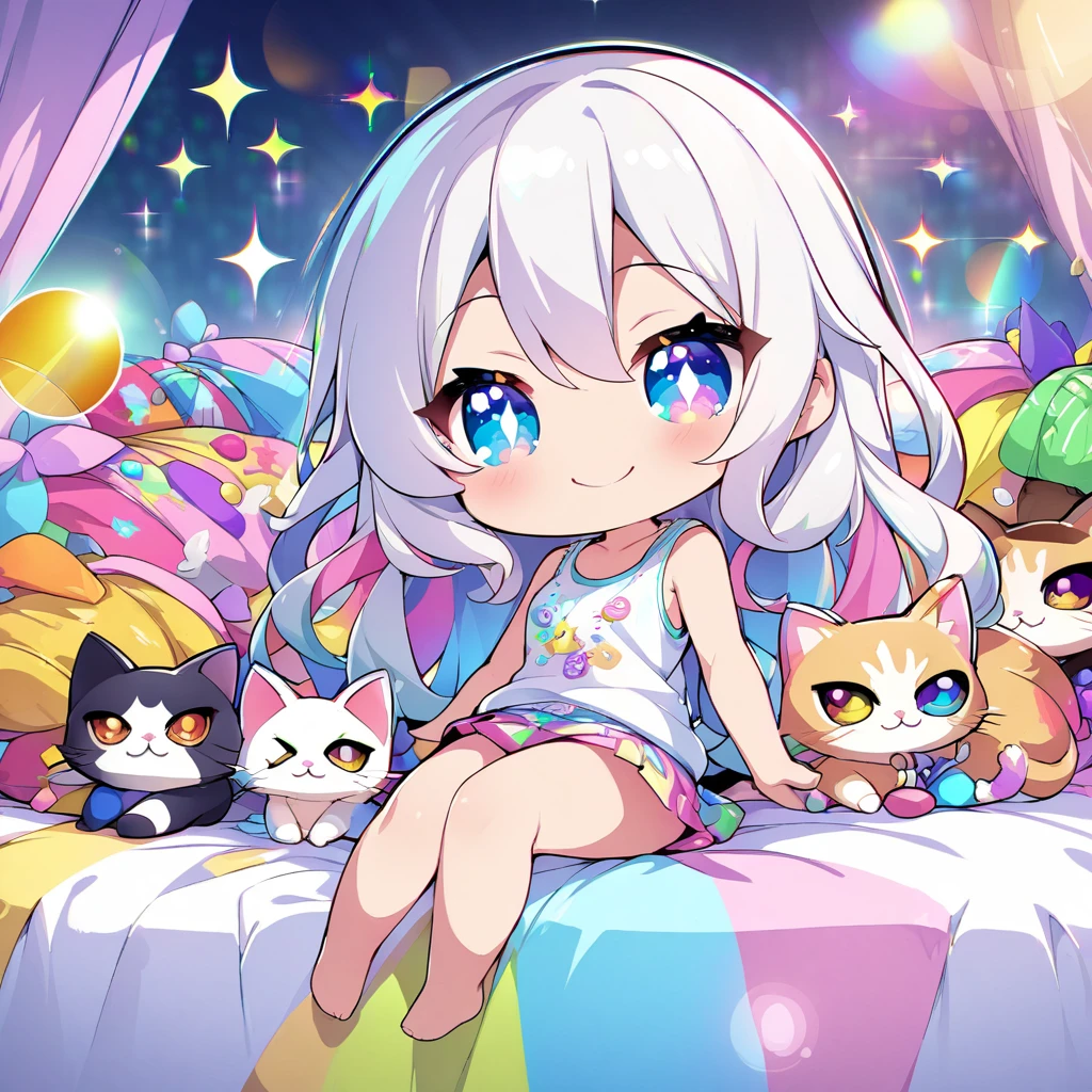 masterpiece, best quality, 4k、2D illustration、one beautiful girl、solo、(((chibi style)))、((vivid colors))、cute chibi、lovely chibi、long beautiful hair, glossy silver hair, hair between eyes, cute、beautifully detailed eyes、((tank top))、((miniskirt))、((colorful))、((happy smile))、sitting on bed、((full body shot))、((kitten)), ((lots of colorful stuff around))、((bed))、sparkle、((lens flare))、