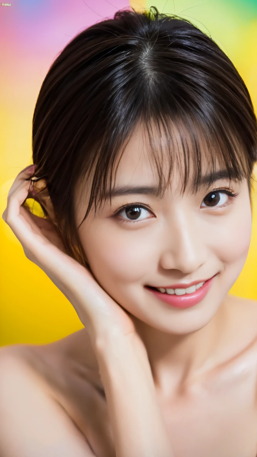 ((Highest quality, 8K, masterpiece:1.31 Girl, beautiful girl)), High resolution, cute, dynamism, Detailed face, Detailed skin, Fine grain, Detailed lips, Realistic, RAW Photos, Natural light, Perfect Anatomy, Dynamic pose, Toned Legs, double eyelid, Tear bags, Round eyes, Moist lips, (Colorful body, Colorful liquid on naked body:1.2), Colorful Hair, Rainbow Hair, Colorful background, Japanese Girls, Cowboy Shot, Sweaty, smile, Liquid Art, close your eyes, Upper Body, Pixie Cut, Blunt bangs, SFW, Masturbation, Raise the hand