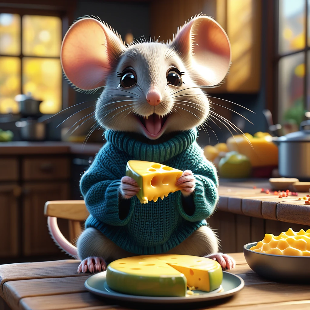 A hyperrealistic full body of a small cartoon character anthropomorphic mouse, sweater,sit eating a bit of cheese, rendered in Unreal Engine 5.This adorable 3D character has a happy expression, with a giant kitchen table in the backdrop, in dynamic posing,Octane Render.It's a cute character art piece, resembling a Pixar character,presented in a stop-motion style digital painting,tilt-shift effect,sharp focus,vibrant colors, high saturation and contrast,post processing,HDR, 8k