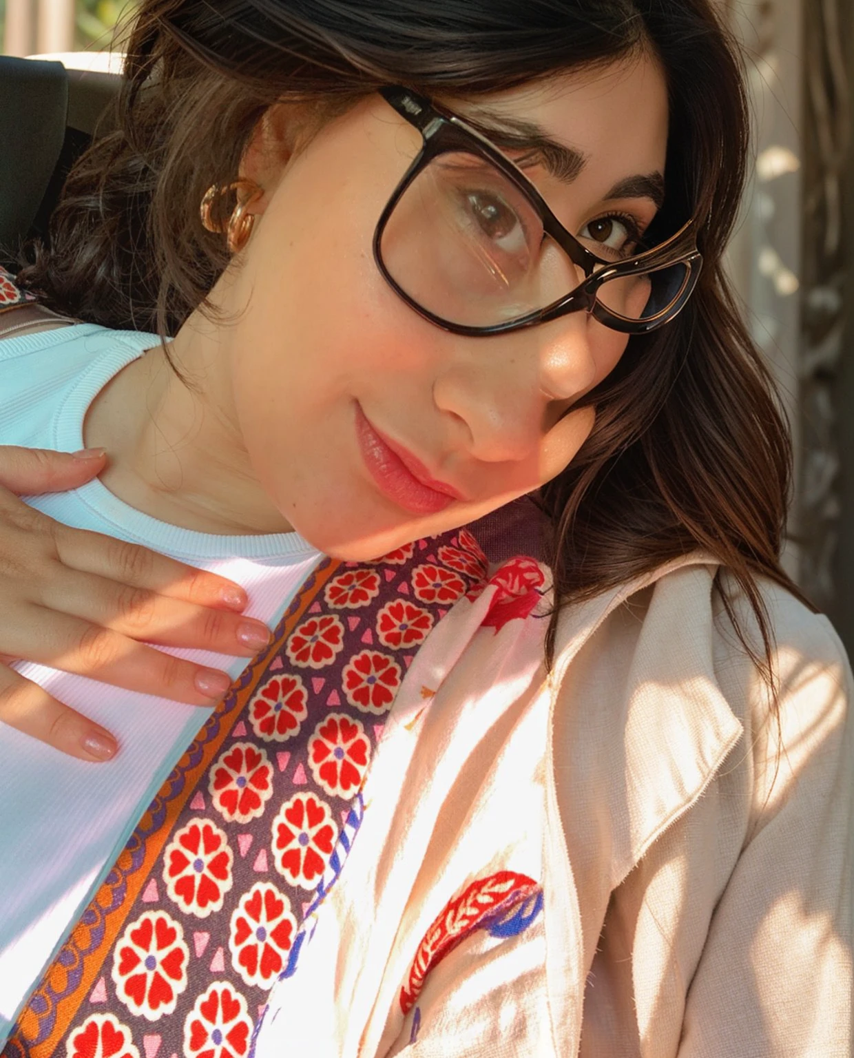there is a woman with glasses close up half-length photo, Hand on cheek, very low quality image, hand on her chin, with the sun shining on it, perfect, crisp sunlight, profile image, fair skinned Persian girl, uncut, close-up - ver, diary in her hand, candid photo