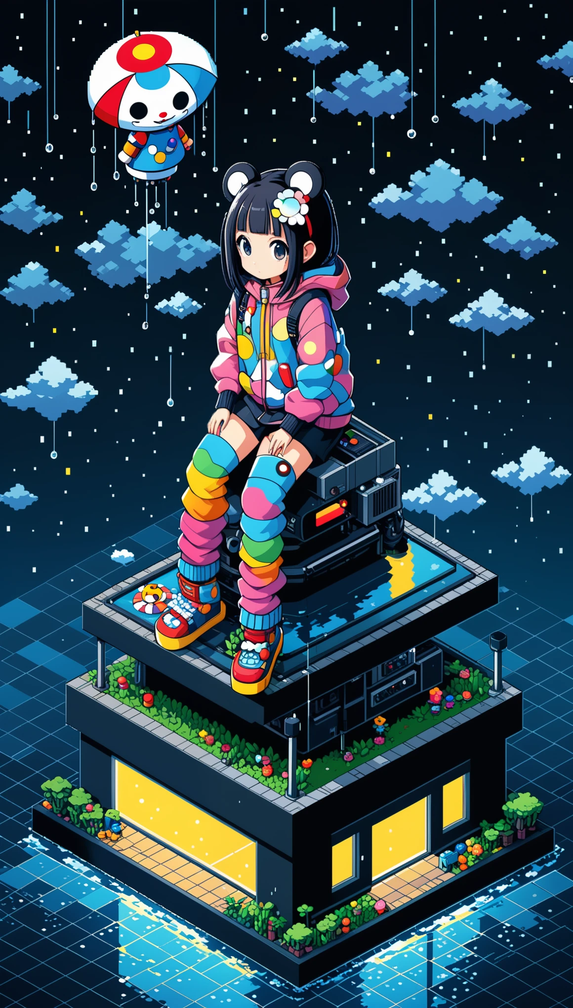 (Isometric Perspective style:1.5),in style of Takashi Murakami, character concept design, legs，fullbdoy shot,(((oversize leg warmers))),wide angle, form below,oversize clothes,leaning forward,sit on the edge of the tank
(((pixel style)))，night,point light,dark,shadow,rain,