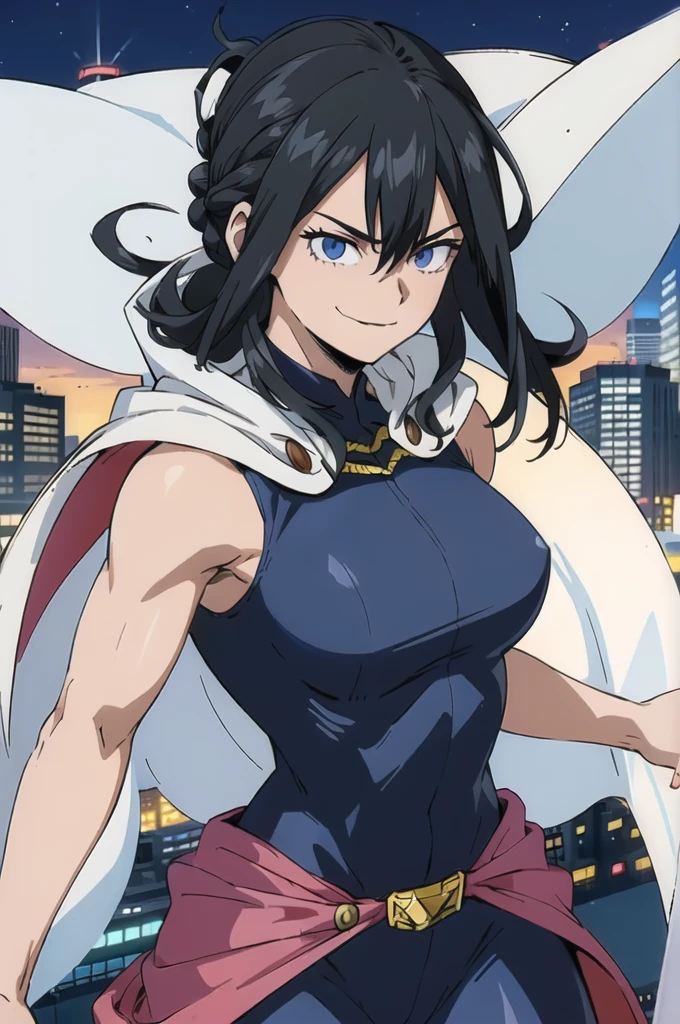 (masterpiece, best quality:1.4), cinematic light, colorful, high contrast, (1girl), NanaShimura, boku no hero academia,  black hair, long hair, [folded ponytail:0.5], (white cape), (large breasts), blue eyes, sleeveless, whole bodysuit, hair between eyes, belt, city, smirk, naked 