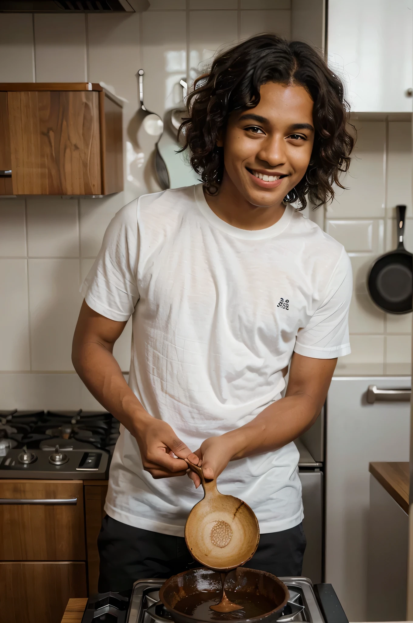 Create a brown-skinned boy, with black curly hair and a smiling face, calmly cooking in the kitchen.