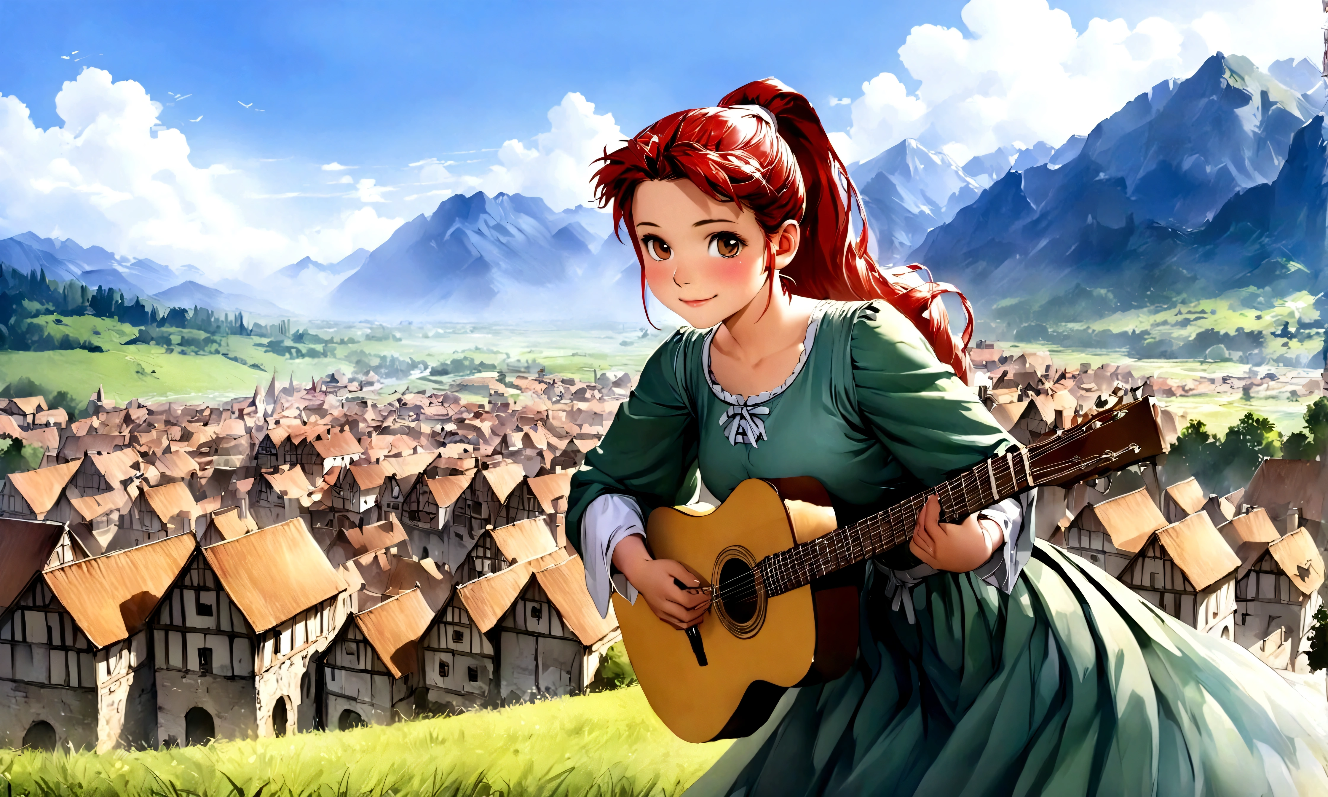 (((Top quality, 4k, 8k, high resolution, masterpiece: 1.2))), (super detailed), (realistic), (photorealistic), (photorealistic: 1.37), (HDR, UHD), (studio (lighting)), ultra-fine drawing, sharp focus, physically based rendering, highly detailed, professional, vibrant colors, perfect ditaile hand, highly detailed realistic eyes, 

kawaii, qute, 
(((Long shot, Panorama, Distant view, Vast landscape))), knees, feet, looking at viewer,

playing the guitar, 

girls, multiple girls, one girl, 
short hair, medium hair, medium length, long hair, ponytail, 
red hair, blue hair, blonde hair, green hair, pink hair, 

medieval European clothing, Citizen's Clothing from Medieval Europe, miniskirt, mid-length skirt, long skirt, chinos pants, 

Medieval European town, Medieval European rural village, Rural grassland, Mountain view, Rural river, Irrigation canal, 
