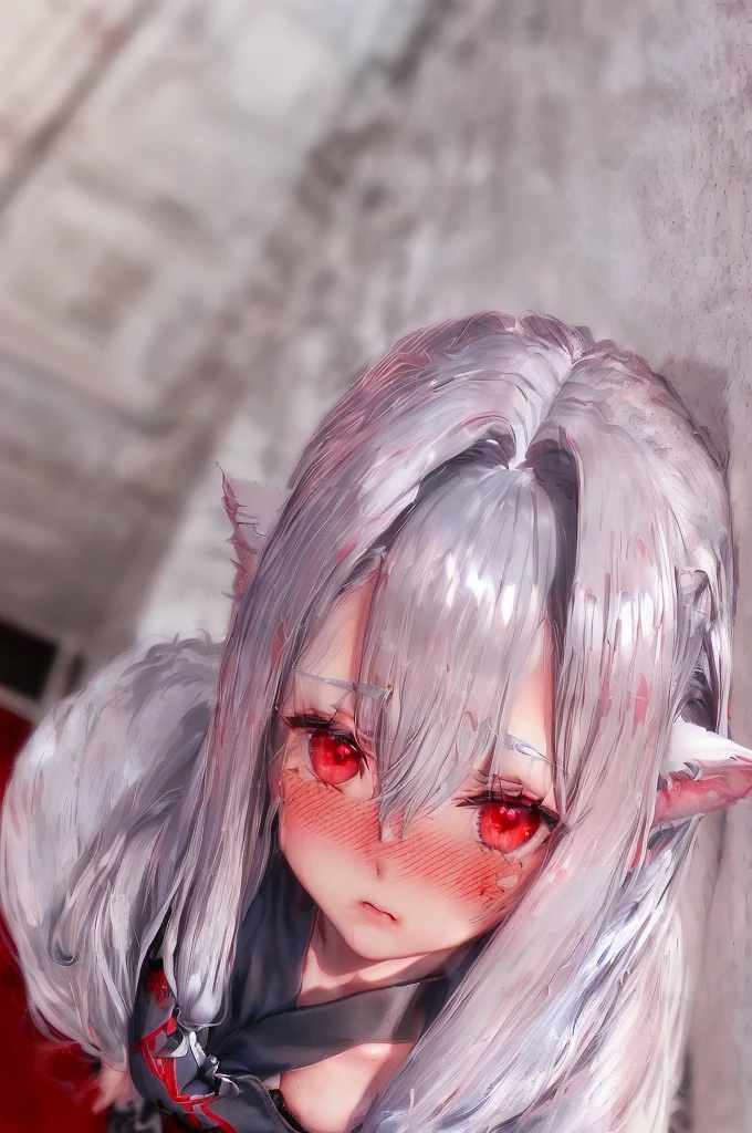 (silber hair:1.5),(midium hair:1.0),(red eyes:1.3),(A man's room living alone:1.45,(Eye size:1.5),(close up of face:1.0),(SM Play:1.4),(look up as if clinging to:1.0),(red blush:1.4),(Perspective from above:1.4), Pale skin, White hair, Blue hoodie, Tails, Solo, (long Wolf Ears) 