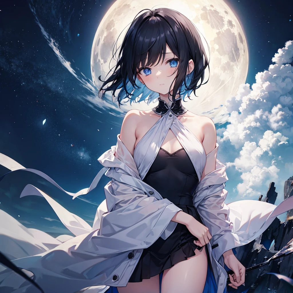 (((1 person))) ((High resolution Black Hair short hair shoulder)) ((Black Band Lonely despair blue eyes)) moon star nude chest clothes open beautiful girl high school girl