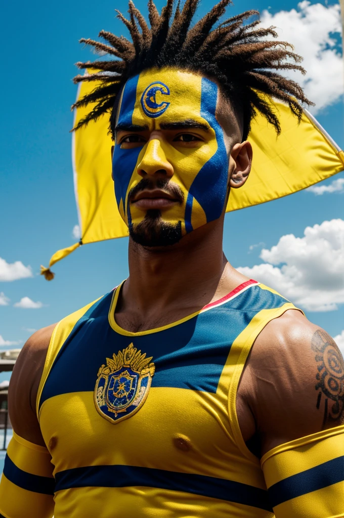 Create a face with Colombian flag colors like a legendary guarrior