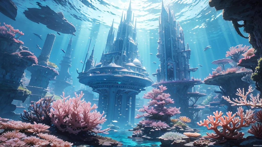 A fantastical and serene deep-sea city. Viewed from the ocean floor looking up towards the water surface. The city is very large with futuristic buildings, domes, and spires. Completely submerged in clear blue and pink water. The entire city is covered by a large dome-shaped glass structure. The scene has a tranquil and calming atmosphere. Soft glowing lights illuminate the city. The water surface above glitters with sunlight, creating beautiful patterns. The city emits a quiet, artificial light. Surrounded by vibrant marine life and coral formations. The water is deeper, adding to the mysterious and serene feeling. The image is high-resolution, realistic, and in 4K. Capturing the enchanting beauty of the underwater city.