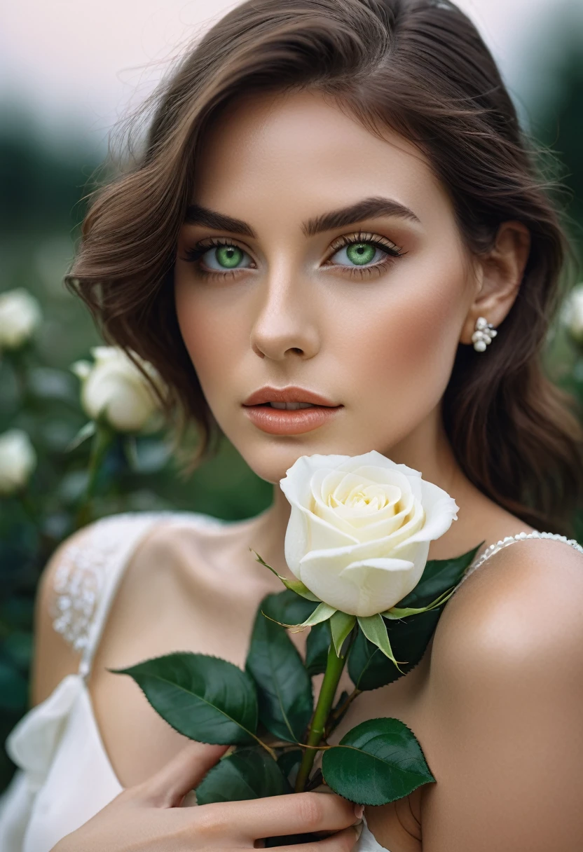 a woman with green eyes, flawless skin, half body shot, holding a white rose, whimsical photography style, captured with an Arriflex 35BL camera using Canon K25 prime lenses, cinematic, dramatic lighting, ultra clear, breathtaking surreal masterpiece.