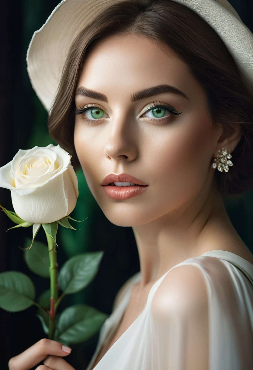 a woman with green eyes, flawless skin, half body shot, holding a white rose, whimsical photography style, captured with an Arriflex 35BL camera using Canon K25 prime lenses, cinematic, dramatic lighting, ultra clear, breathtaking surreal masterpiece.
