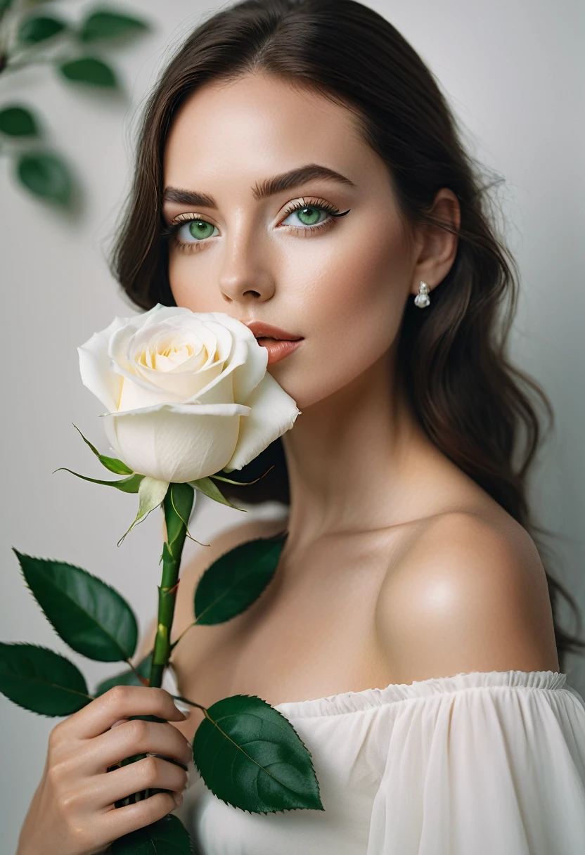 a woman with green eyes, flawless skin, half body shot, holding a white rose, whimsical photography style, captured with an Arriflex 35BL camera using Canon K25 prime lenses, cinematic, dramatic lighting, ultra clear, breathtaking surreal masterpiece.