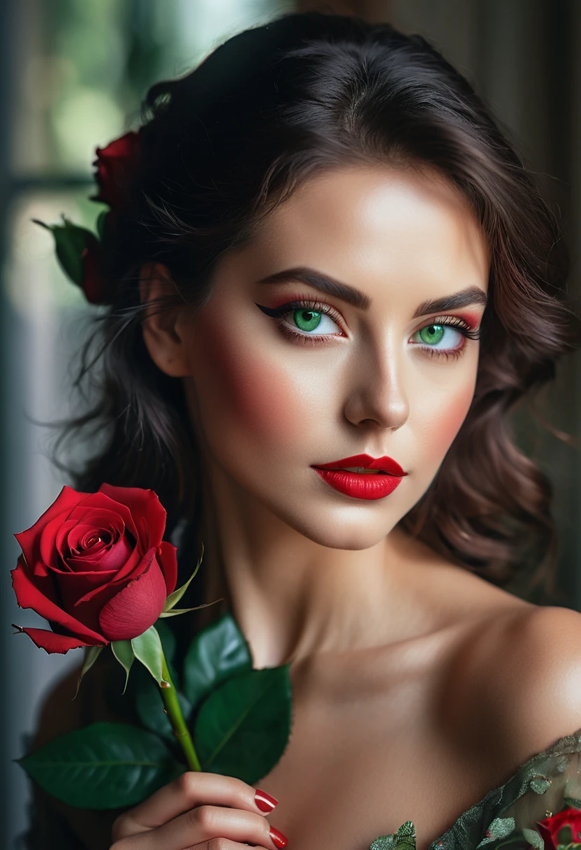 a woman with green eyes, flawless skin, half body shot, holding a red rose, whimsical photography style, captured with an Arriflex 35BL camera using Canon K25 prime lenses, cinematic, dramatic lighting, ultra clear, breathtaking surreal masterpiece.