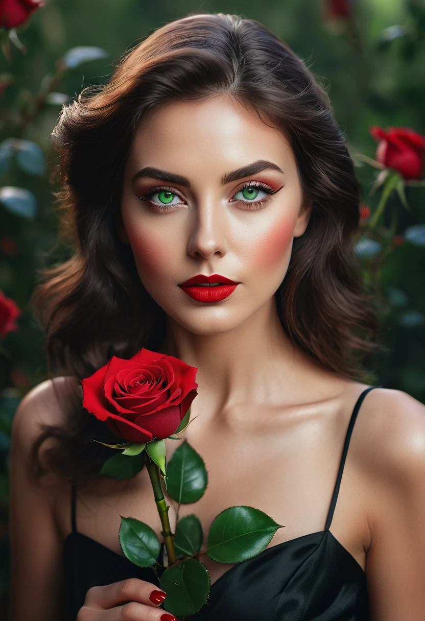 a woman with green eyes, flawless skin, half body shot, holding a red rose, whimsical photography style, captured with an Arriflex 35BL camera using Canon K25 prime lenses, cinematic, dramatic lighting, ultra clear, breathtaking surreal masterpiece.
