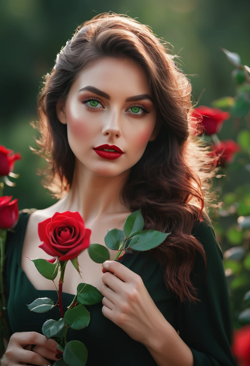 a woman with green eyes, flawless skin, half body shot, holding a red rose, whimsical photography style, captured with an Arriflex 35BL camera using Canon K25 prime lenses, cinematic, dramatic lighting, ultra clear, breathtaking surreal masterpiece.