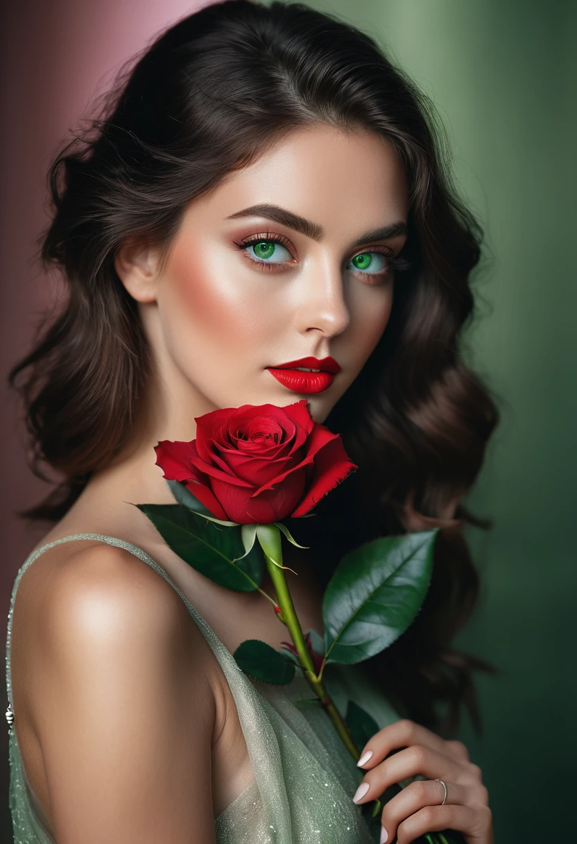 a woman with green eyes, flawless skin, half body shot, holding a red rose, whimsical photography style, captured with an Arriflex 35BL camera using Canon K25 prime lenses, cinematic, dramatic lighting, ultra clear, breathtaking surreal masterpiece.
