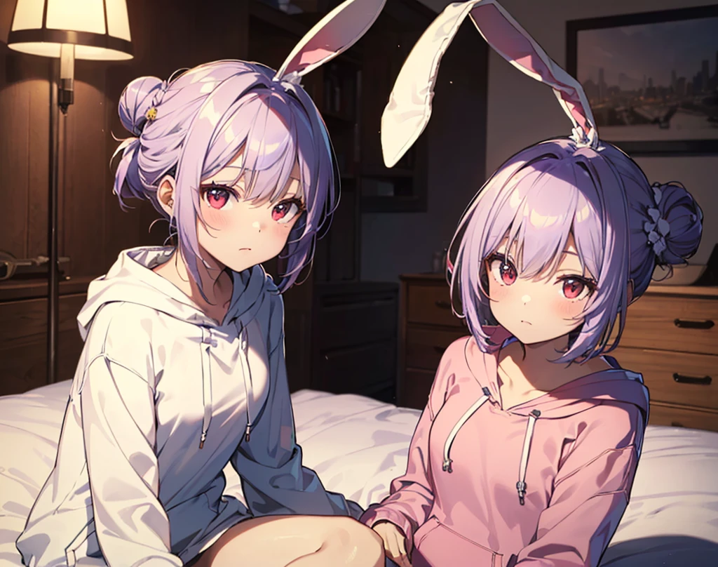 (Close-up:1.3),Realistic,Highest quality, Super detailed, High-quality CG rendering, The most delicate and beautiful, Floating softly, High resolution, (1 girl), (Highest quality,4K,8K,masterpiece:1.2 Light purple hair,(Bunny ears:1.5),(Hair in a bun:1.5),Red eyes,(Pure white oversized long sleeve hoodie:1.3),Small room,bed,(bedに座っている:1.4)