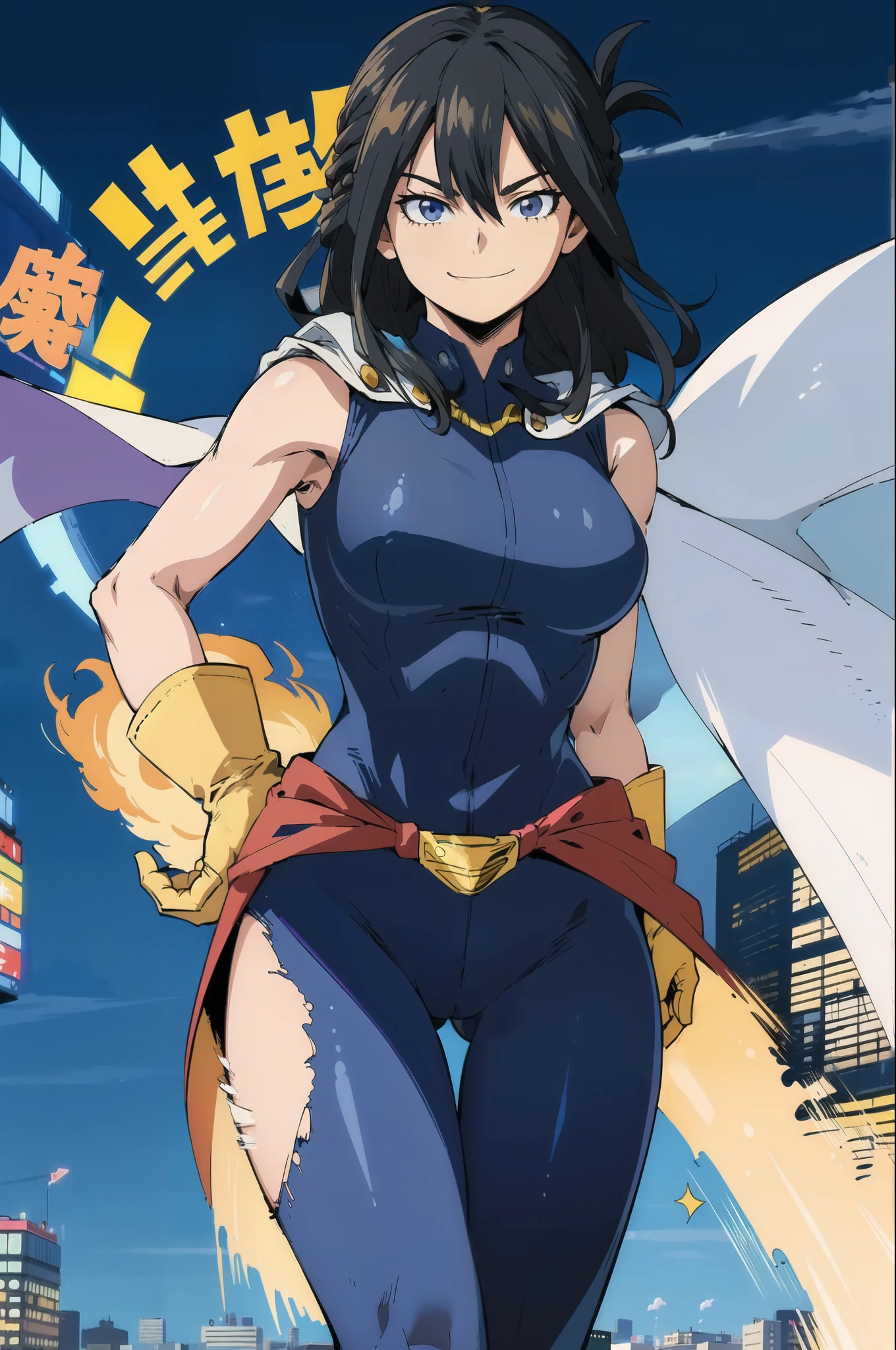 (masterpiece, best quality:1.4), cinematic light, colorful, high contrast, (1girl), NanaShimura, boku no hero academia,  ((yellow gloves)), black hair, long hair, [folded ponytail:0.5], (white cape), (large breasts), blue eyes, sleeveless, whole bodysuit, hair between eyes, belt, city, smirk, naked