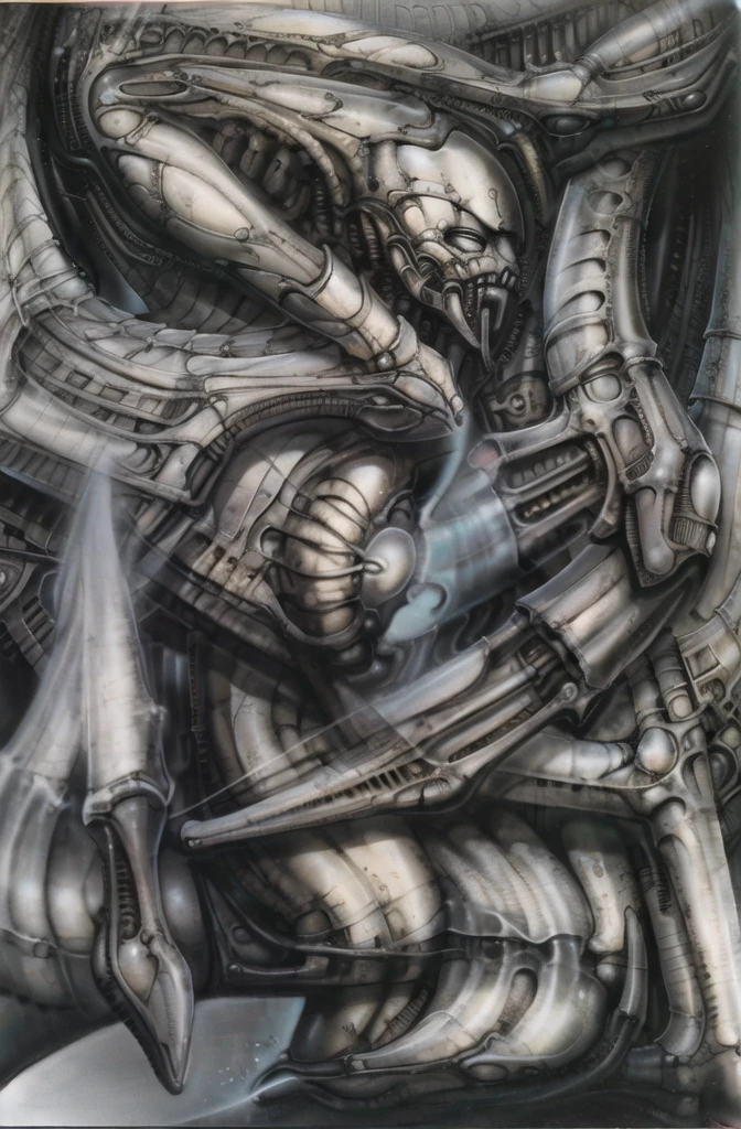 g1g3r, The image is a detailed view of H.R. Giger's \" Biomechanical Landscape No 312 \" plate, featuring a complex network of bones and organs in a purple-brown hue ,swirling gray and brown colors. The artwork is silver and purplish brown, with an ivory bones prominently displayed. The image is highly detailed and intricate, almost like a 3d version of a medical diagram (detailed view of an anatomy model, possibly of a human body, with transparent organs and bones exposed). The piece has a thick mechano-organic texture and is covered in fine details. The image has a swirling, organic quality to it. The artistic manner would be unmistakably Gigeresque. A dark and unsettling beauty would permeate the piece, blurring the lines between fascination and repulsion , forever haunted by the grotesque allure. Giger's signature artistic manner would be evident in every stroke. The airbrush would be wielded with masterful precision to create a hyperrealistic yet nightmarish aesthetic.
The texture of ivory with signs of burning and fossilization can be seen in the mix of smooth and rough brushstrokes. By Peter mohrbacher, ooze soaked pajama top