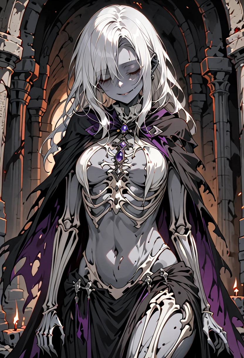 solo, female, grey skin, long white hair, silver brooch, dry body:1.2, empty sockets:1.5, no eyes, decayed body, SFW, sad smile, curtsey pose, dressed in rags, graceful, ancient, crypt, close up, gore, cape, dark magic, midriff, belly ripped open, partly skeletonized