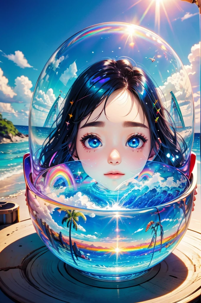 (Highest quality), (8K), (Highest quality), (live-action), (Realistic photos), summer、summerを感じる物、summerを感じる風景, Wave、blue sky, Rainbow and sunshine shining.16K, Ultra-high resolution, Shining in rainbow colors、to be born,wonderful ,future、Iridescent、The world 30 years from now。