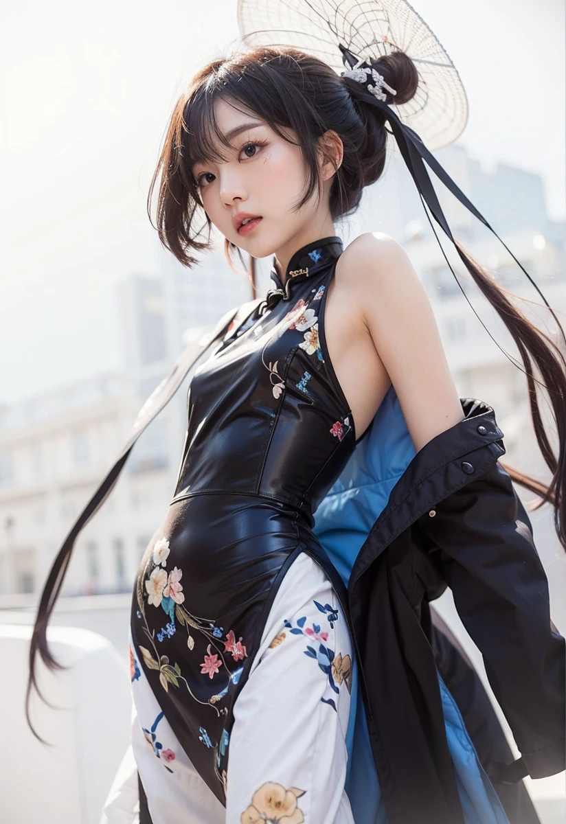 Beautiful Japanese waifu, early 30s, brunette hair, black qipao, taking off a coat